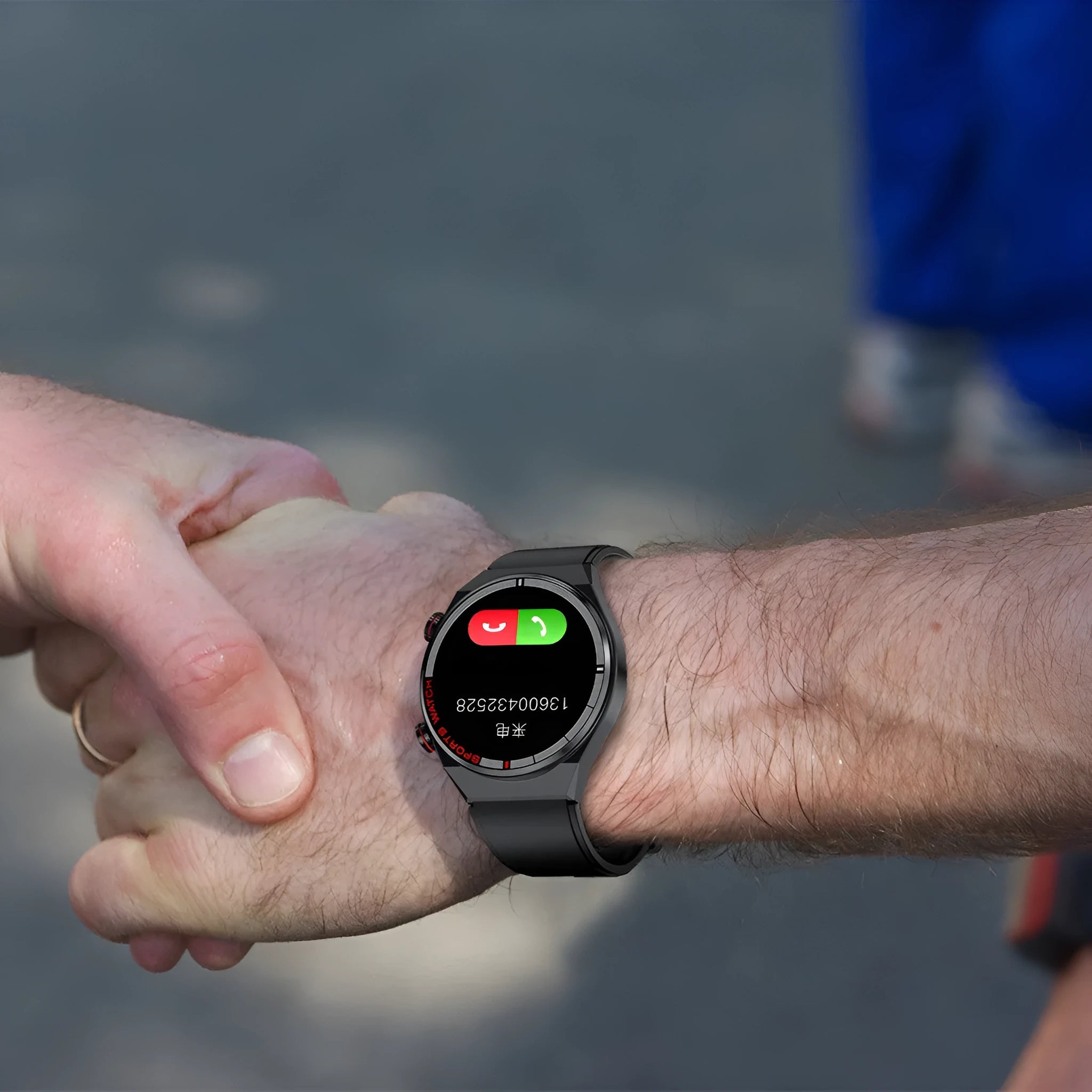 Rotary key Bluetooth smartwatch with touch screen on a genuine leather strap, showing call and fitness tracking interface.