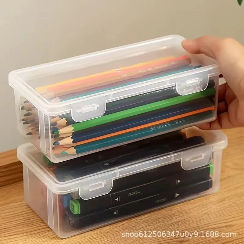 Transparent plastic stationery storage box with large capacity for pencils and crayons