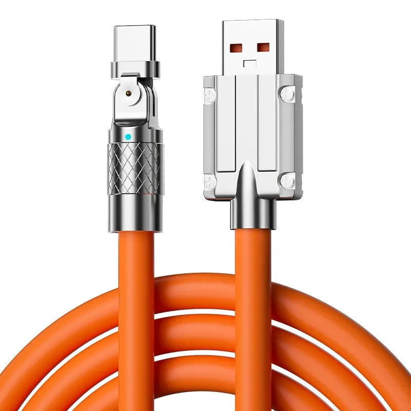 Orange mobile game charging cable with rotating elbow design showing Lightning, Micro USB and Type-C connectors