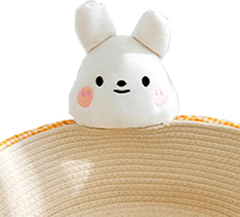 Woven cotton rope cat bed basket with scratching pad in bear design, shown in medium size.