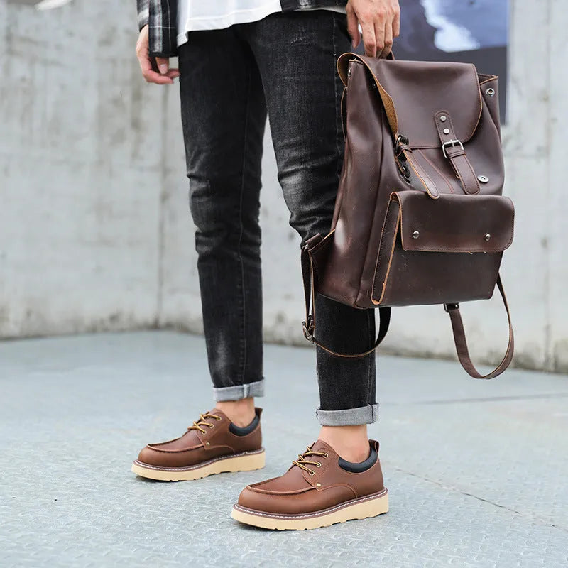 Men's genuine leather low-top Martin boots in Beeswax Brown with round toe and front lace-up closure