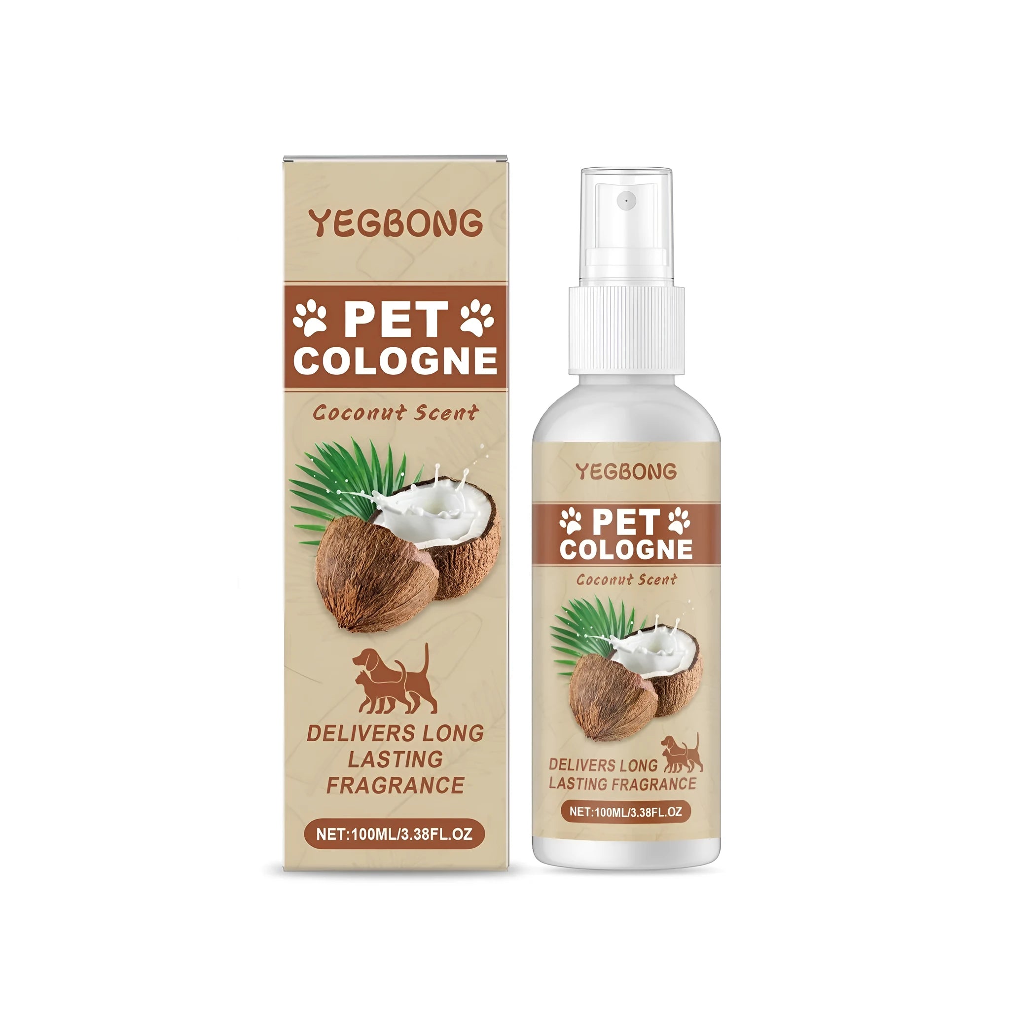 100ml bottle of coconut scented pet deodorant spray on a white background.