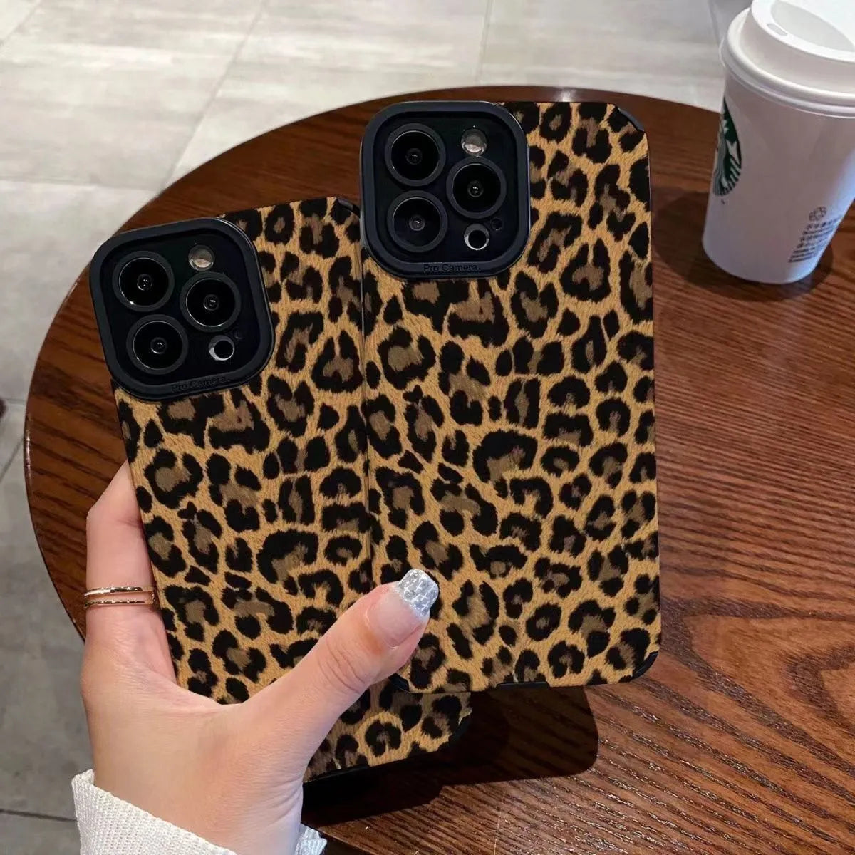 Brown leopard print iPhone 15 phone case with three-dimensional relief and TPU material.