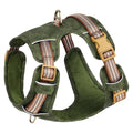 Brown leather dog harness with reflective strips and adjustable chest straps for walking safety