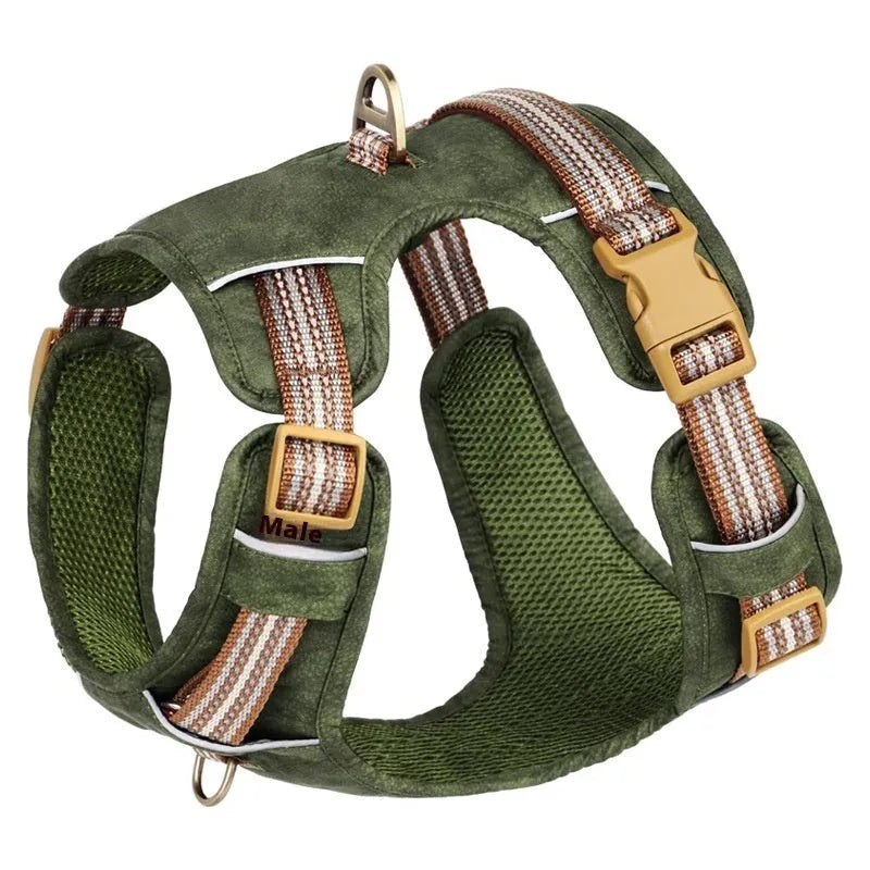 Brown leather dog harness with reflective strips and adjustable chest straps for walking safety