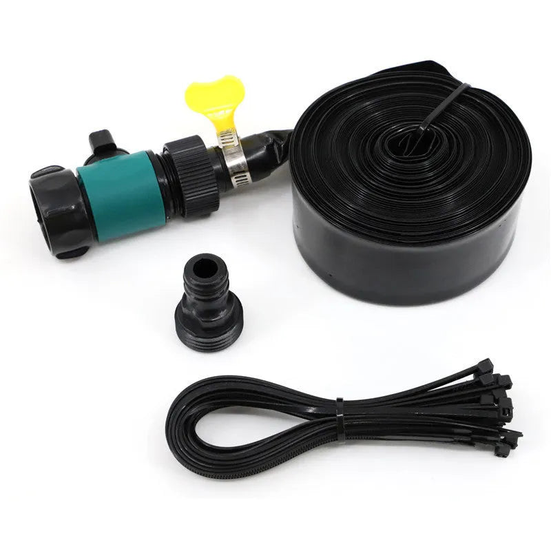 Blue portable garden sprinkler with solar panel on PVC hose for garden watering.