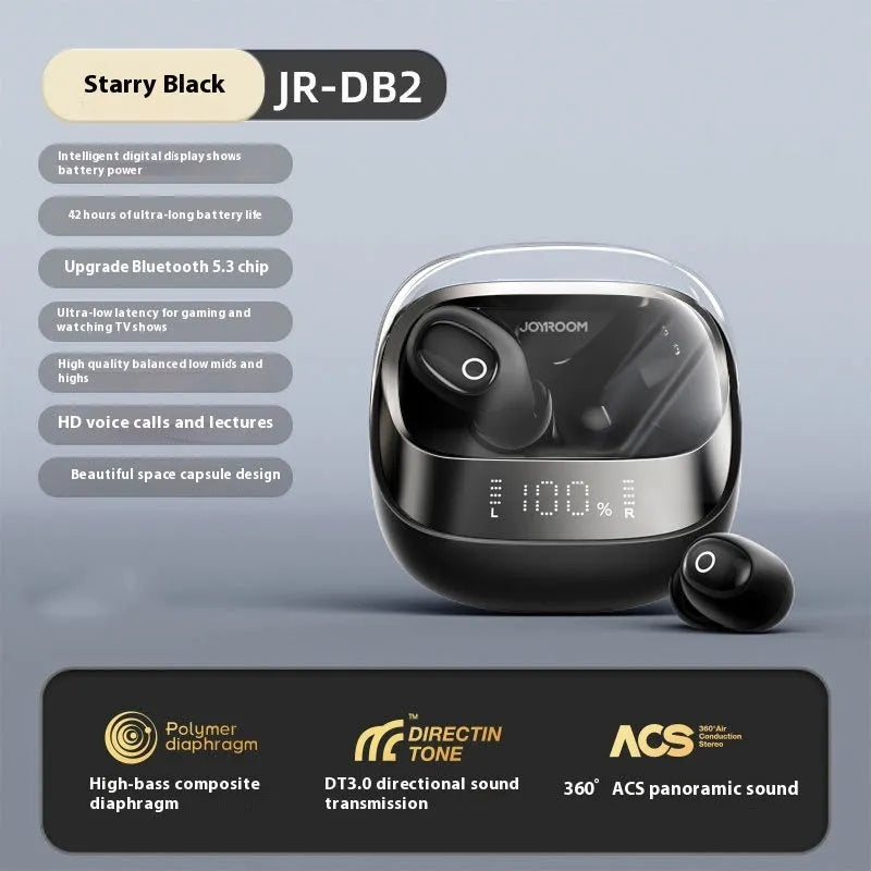 Beige wireless in-ear Bluetooth headphones with charging case on a table