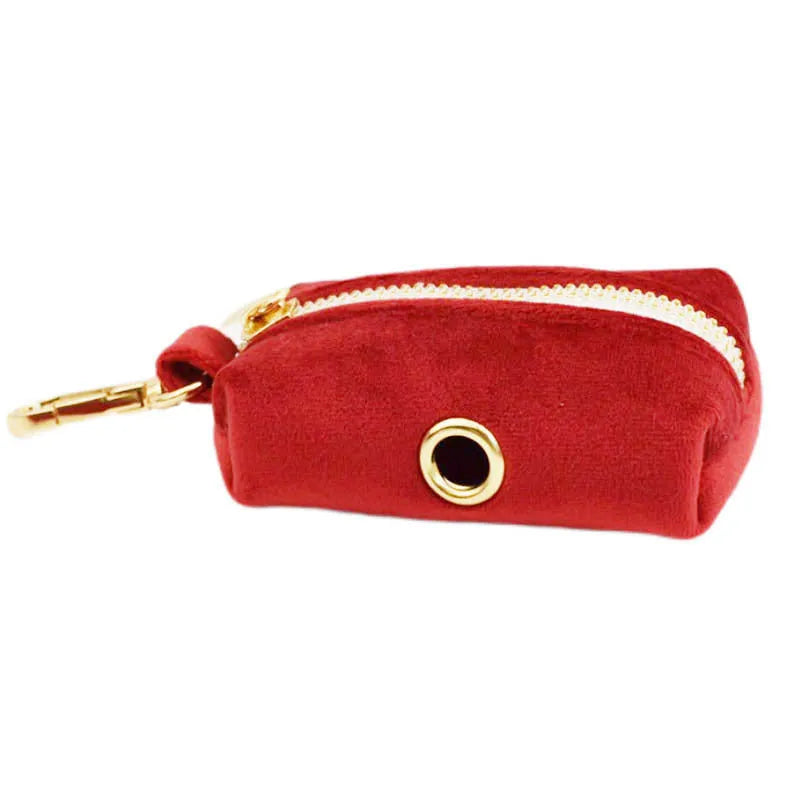 Soft cloth dog collar and leash set with matching vest, red bow tie, and included poop bag on a white background.