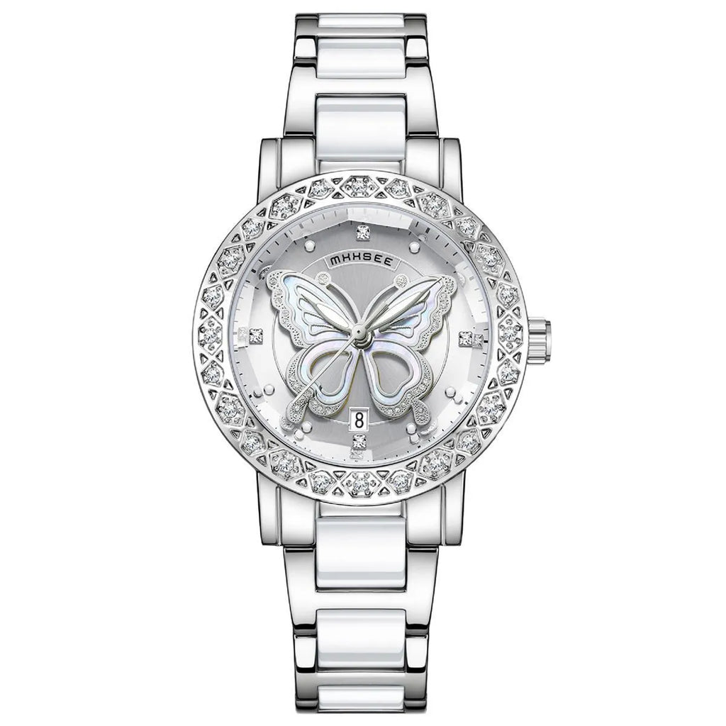 Butterfly diamond-encrusted women's watch with calendar and steel strap in pink dial