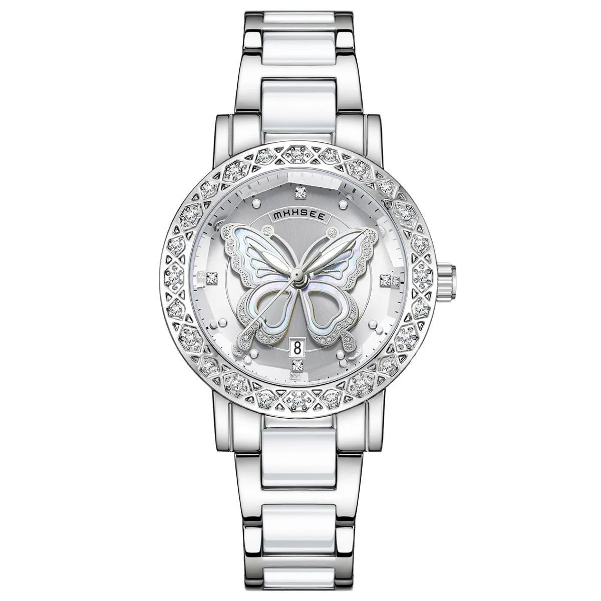 Butterfly diamond-encrusted women's watch with calendar and steel strap in pink dial