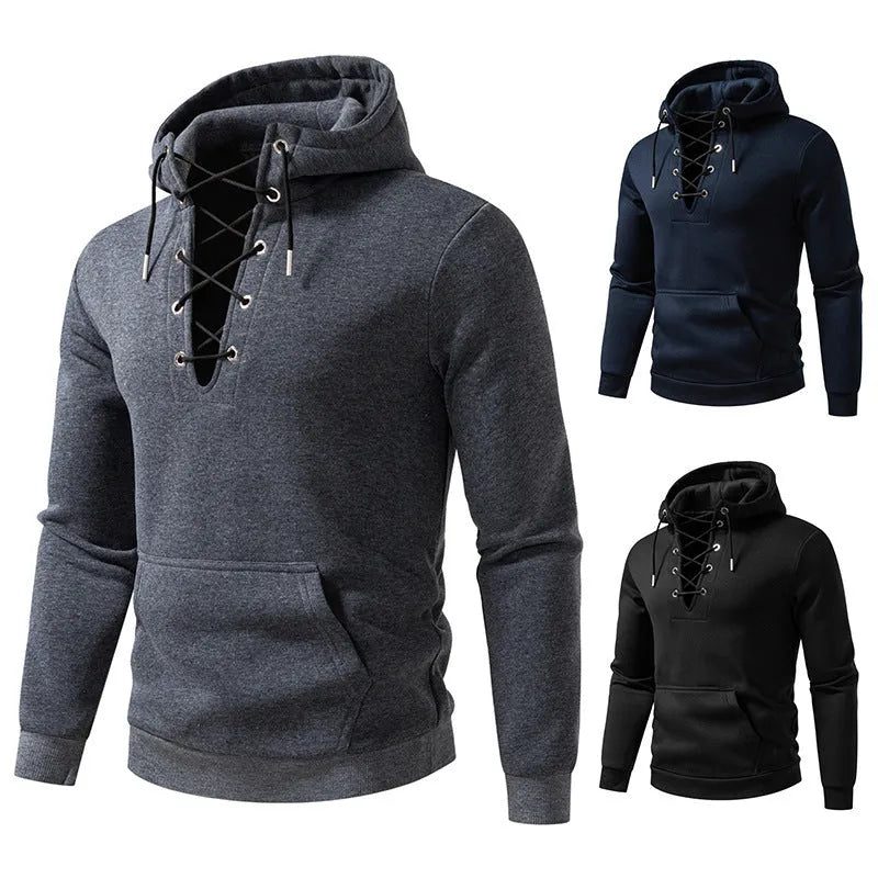 Men's zipper design hooded sweatshirt, slim fit polyester pullover in dark gray, black or navy blue, sizes S-2XL