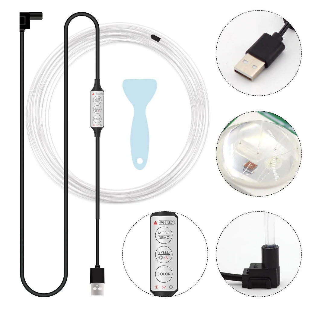 RGB LED car interior light strip with USB connection showing multiple colour illumination options