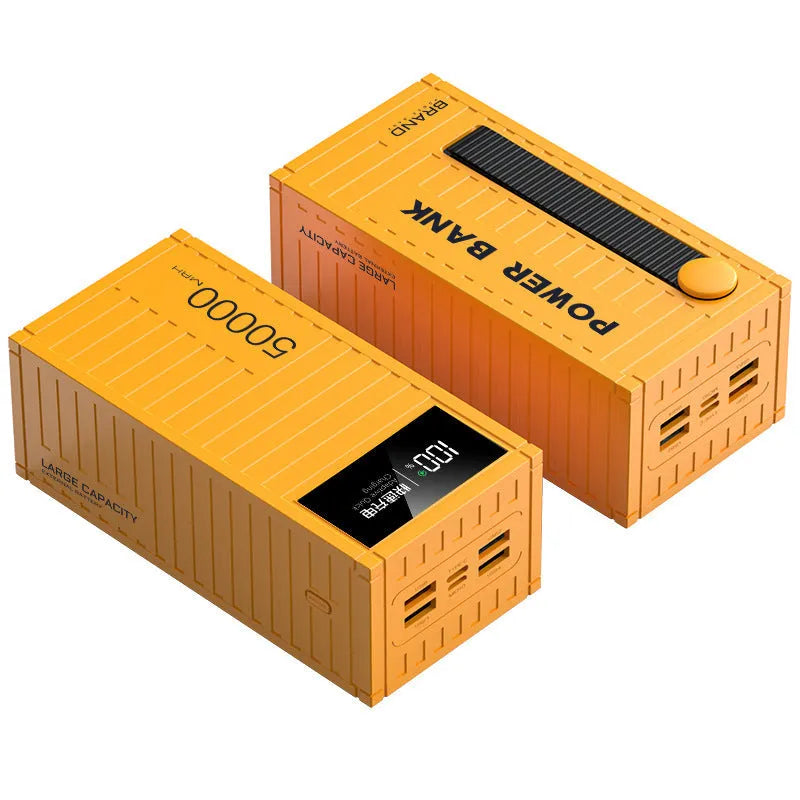 50000mAh black power bank with digital display, PVC shell, compact 145x70x65mm size