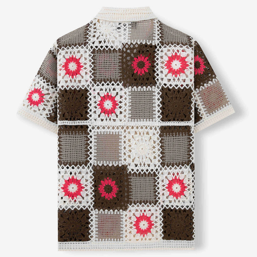 White retro ethnic crocheted bandage dress sweater with short sleeves and flocking details