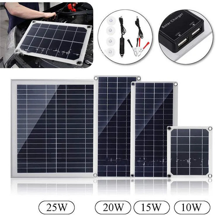 Portable solar charging panel with dual USB ports for outdoor phone and tablet charging.