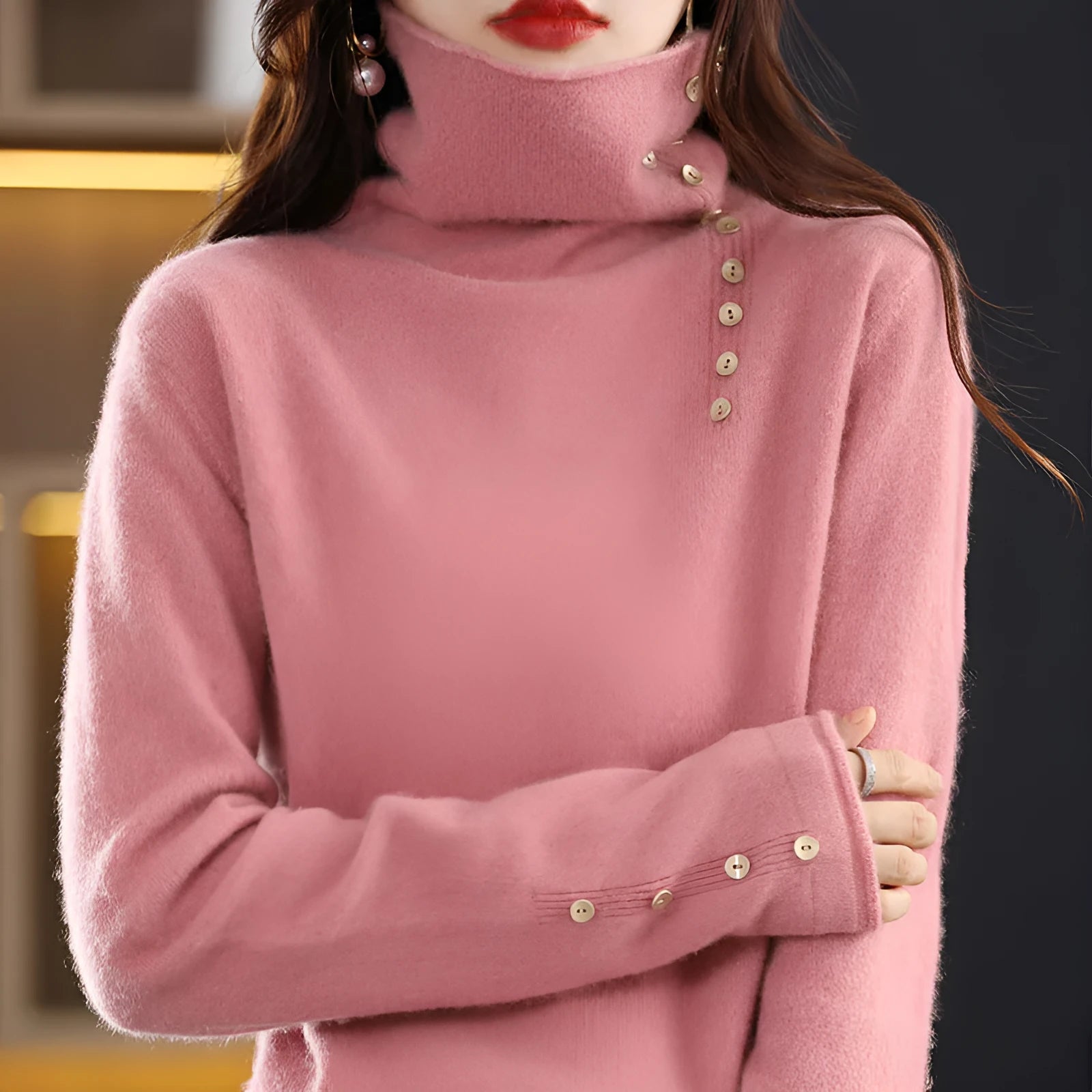 Slim fit knitted bottoming shirt in core-spun yarn, shown in a choice of colours including watermelon red and sky blue.