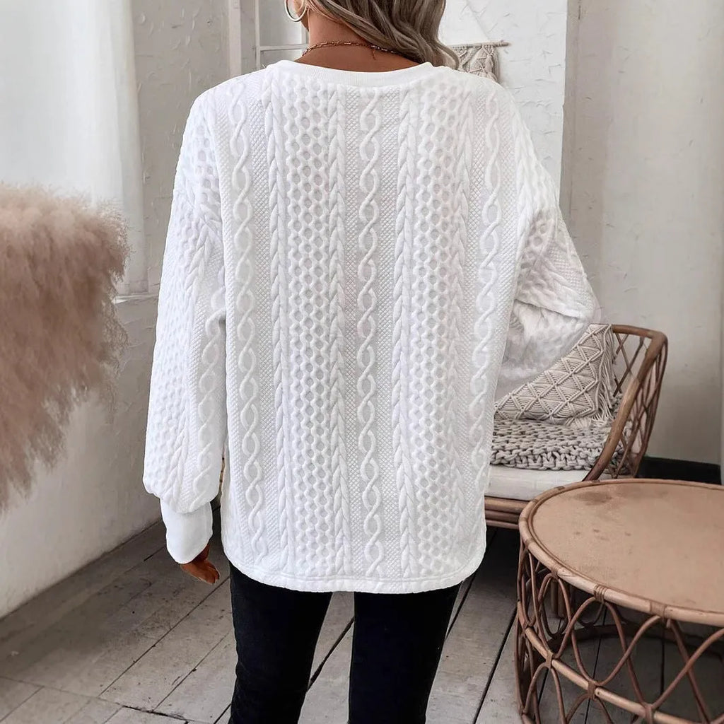 Milky white loose fit long sleeve T-shirt with 3D pattern, Japanese Korean casual style