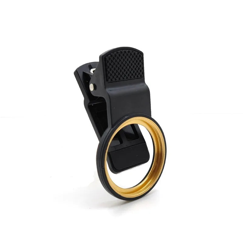 37mm universal clip phone lens filter adapter with golden or black spiral teeth and large hole for screw-on filters.