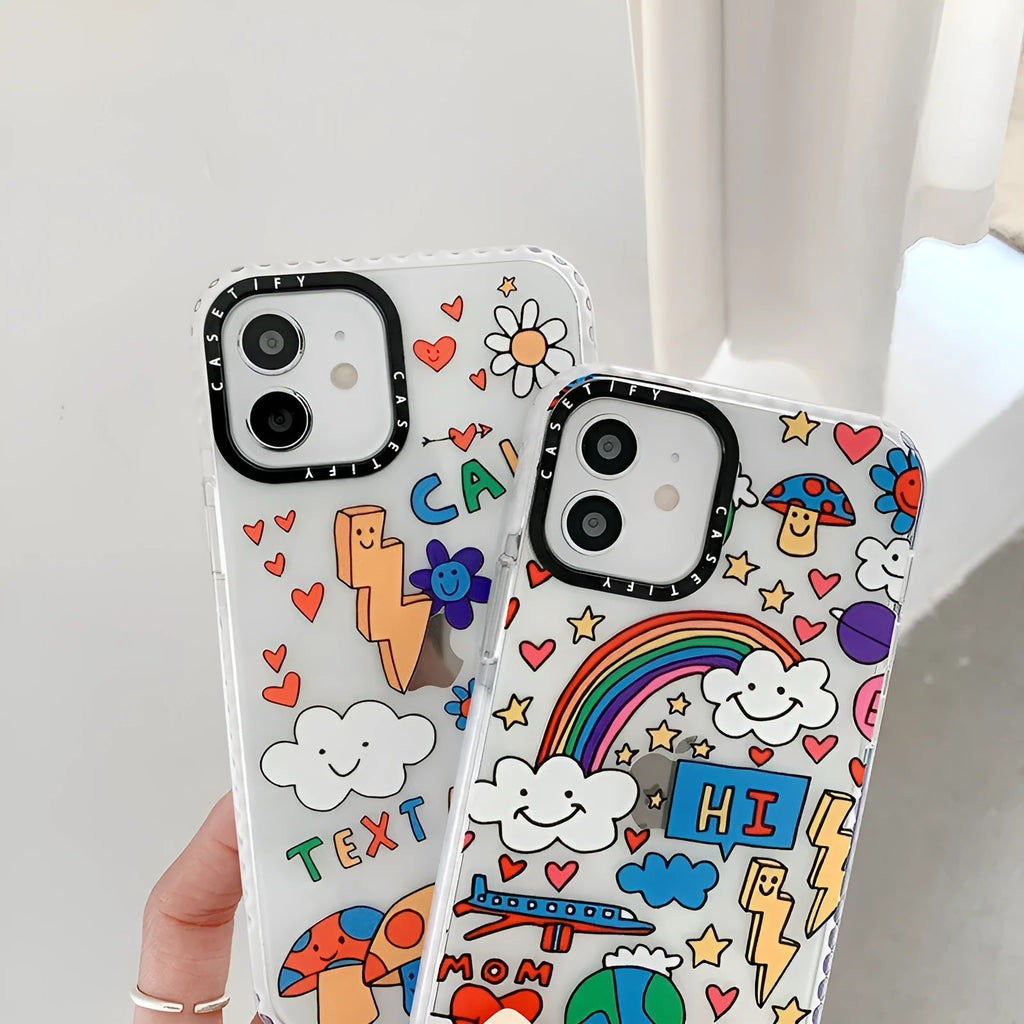 Graffiti TPU iPhone case in Lightning Mushroom and Lightning Rainbow, high transparency back cover for iPhone models