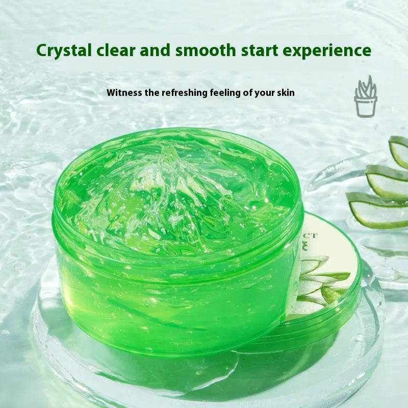 300g tub of aloe vera gel facial cream with a spoon for application on a blue background.
