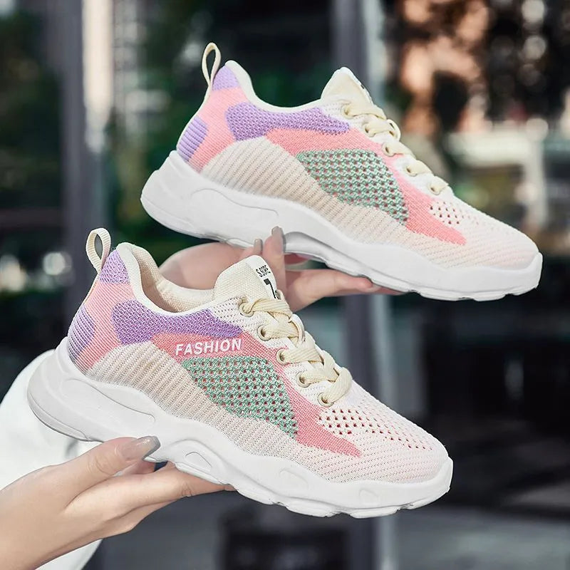 Women's blue and pink colourblock lace-up sneakers with mesh uppers