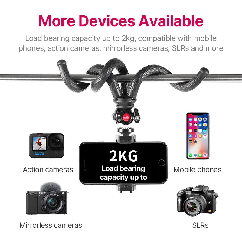 Black octopus-style flexible leg tripod with mobile phone clip attached, FT-01 model extended to 360mm