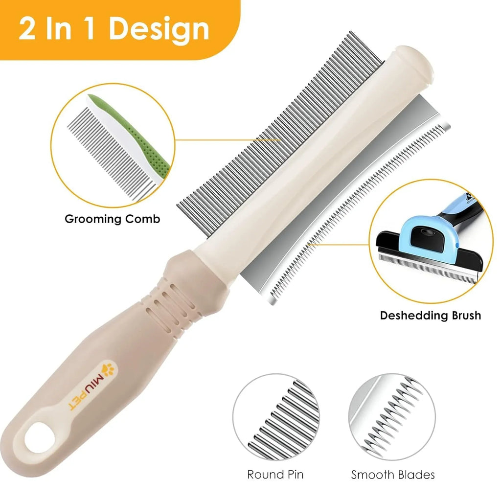 White 2 in 1 pet deshedding brush showing comb side and blade side with ergonomic handle