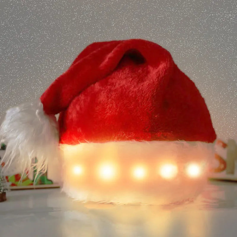 Red and white plush Santa Christmas hat with LED lights glowing, showing pom-pom and stretchy spandex material.