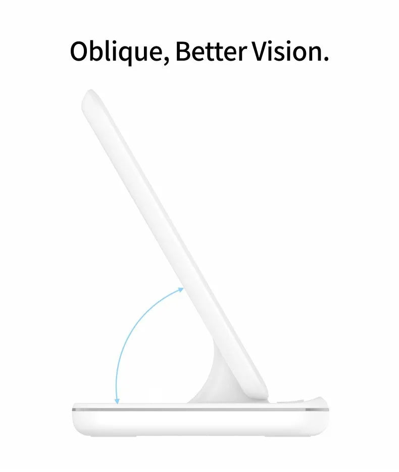 White 15W three-in-one wireless charging stand for mobile phone, smartwatch and headset on a desk.