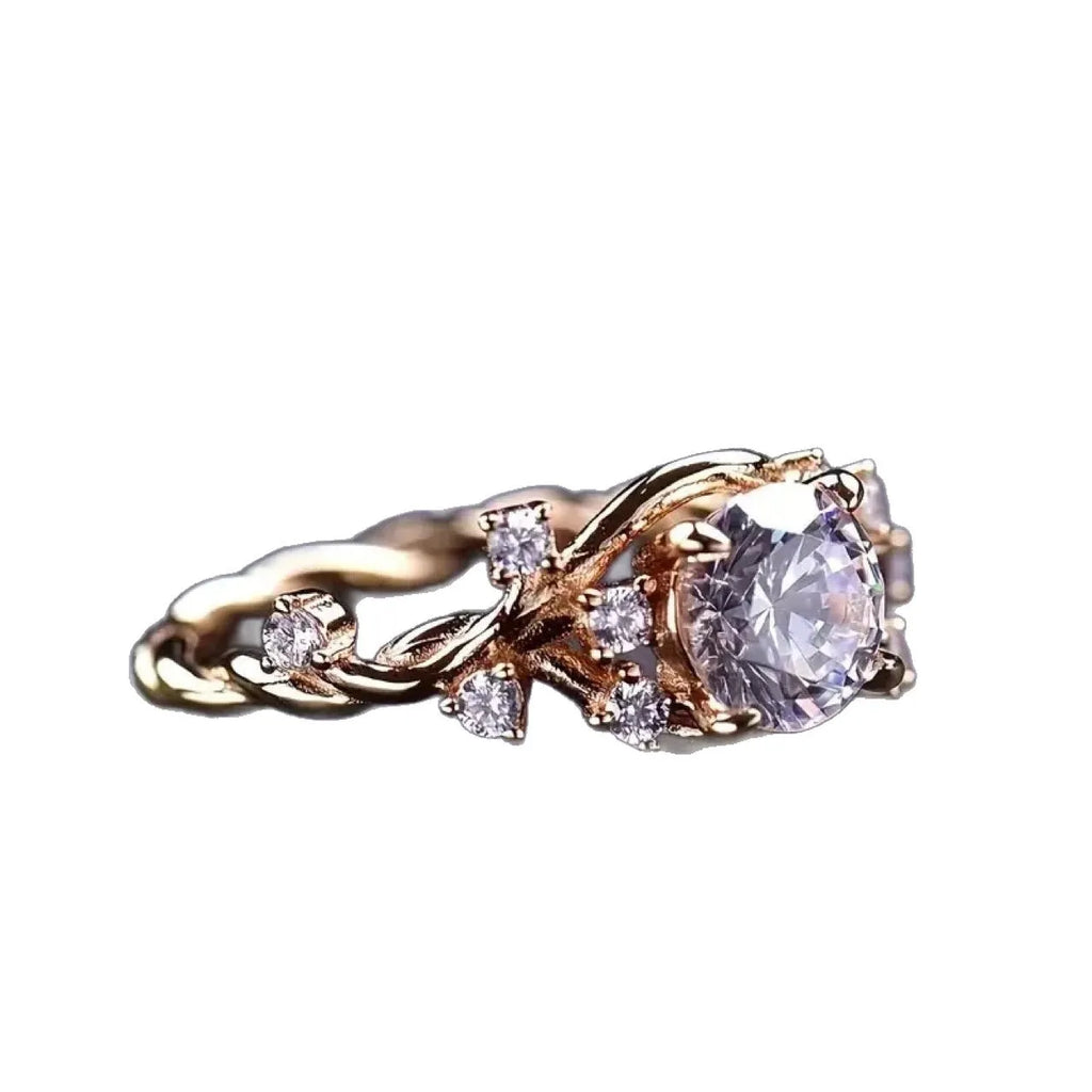 Gold geometric vine winding moissanite ring on finger showing cubic sugar diamond detail and irregular shape