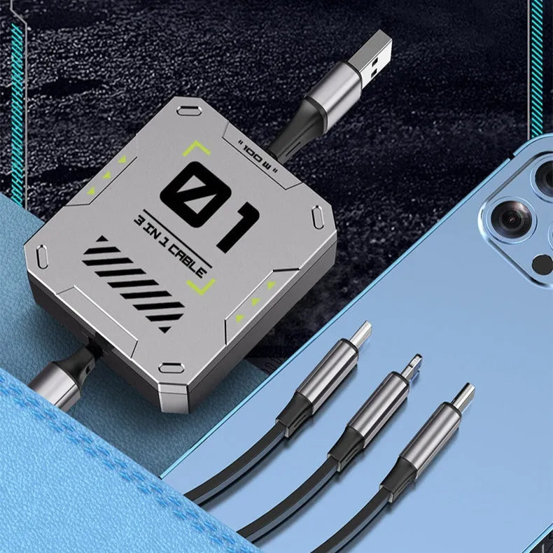 Three-in-one telescopic data cable with 100W super fast charge, grey black, mini USB interface