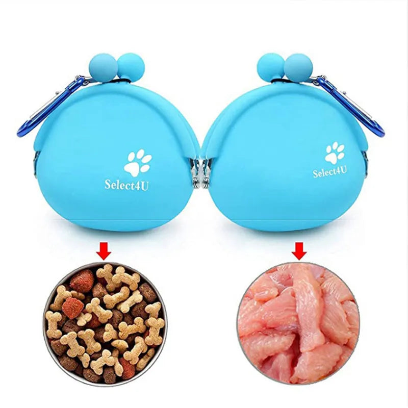 Silicone dog training treat pouch with belt clip in multiple colours.