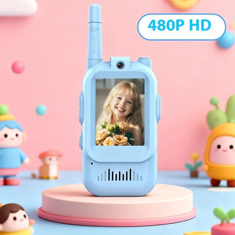 Two mini video wireless walkie talkies for kids in pink and blue with 2.0-inch IPS display and Type-C charging