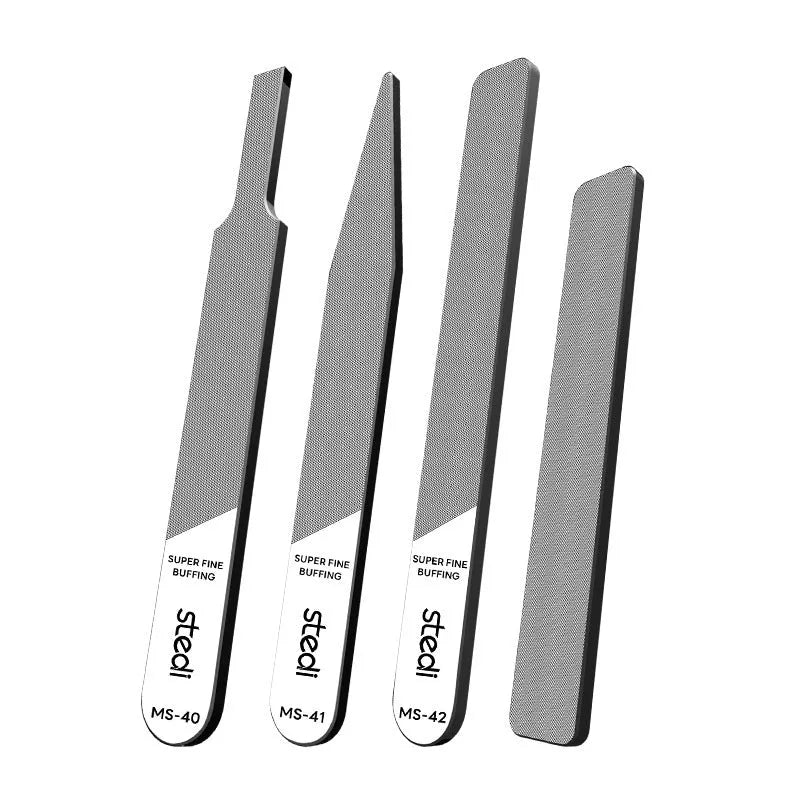Mirror glass file polishing tool suit with interchangeable files and handle in silver and black