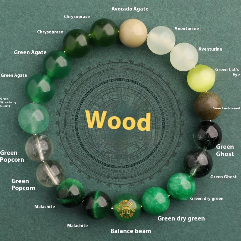 Natural agate balance energy bracelet with traditional symbols in wood gold water fire earth colours