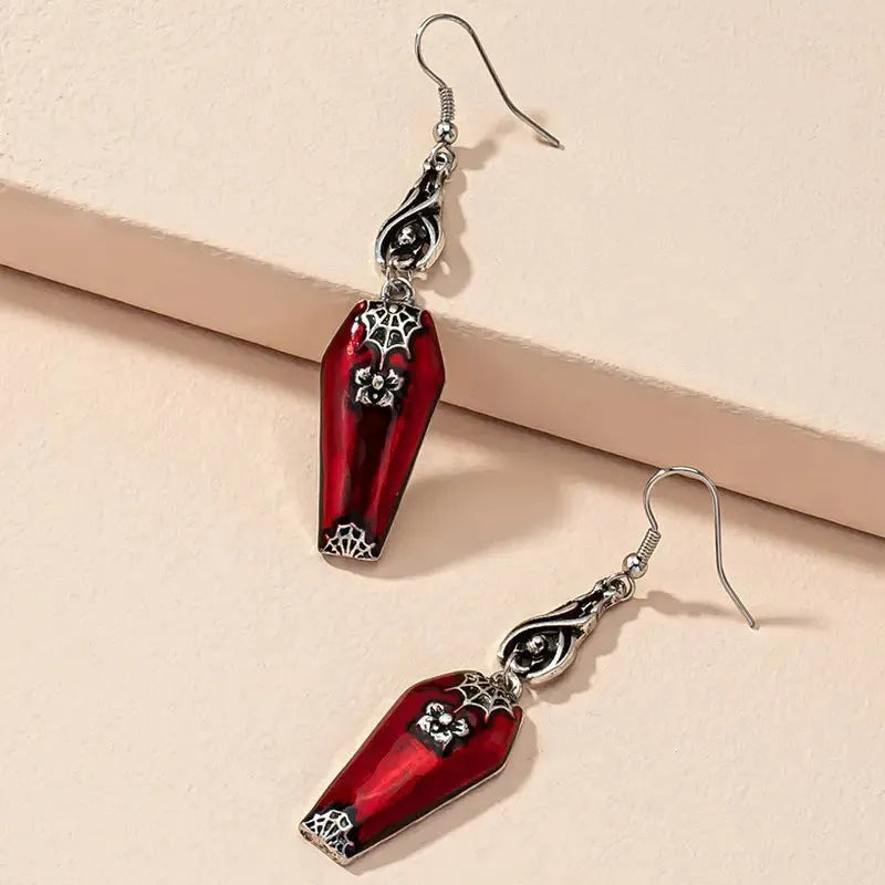 Red bat and spider retro drop earrings on alloy metal for Halloween