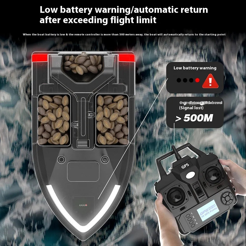 Yellow remote control fishing boat with GPS antenna on a calm lake at dusk, LED lights illuminated.