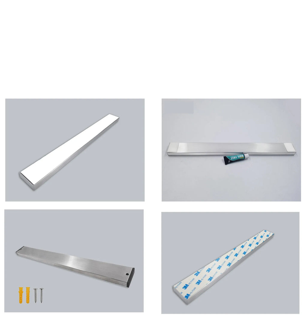 Stainless steel wall-mounted kitchen knife storage rack on a tiled wall