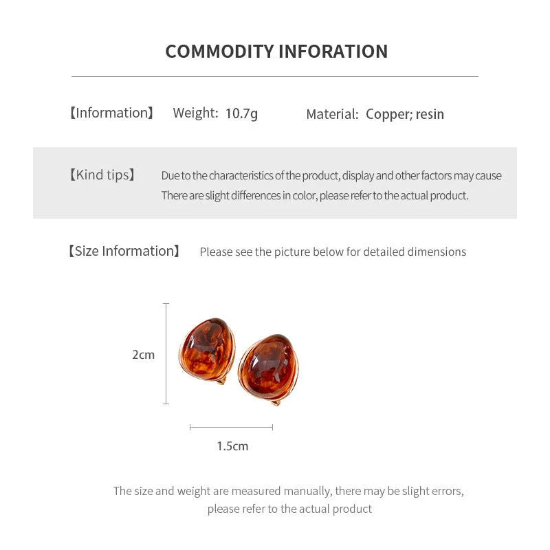 Amber water drop ear studs and ear clip in silver needle coffee colour with real gold plating
