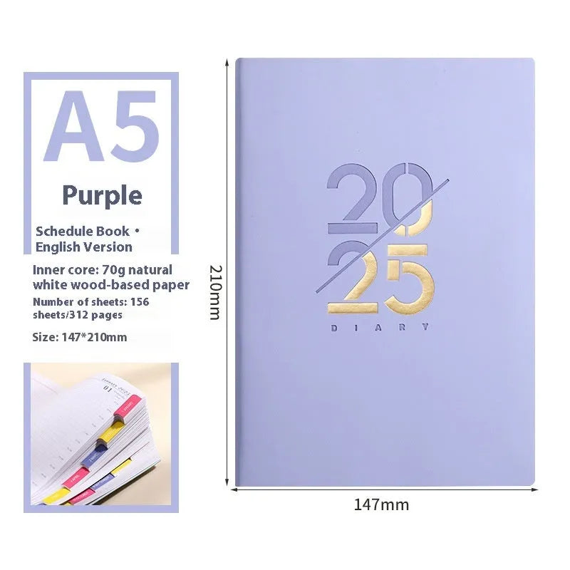 A5 2025 daily planner notebook with soft faux leather cover in multiple colours, open to show lined pages.