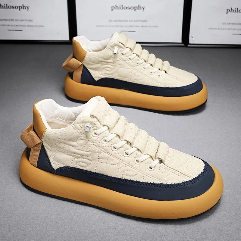 Men's leather sports casual board shoes in black and orange, synthetic PU upper, thick round toe with elastic band