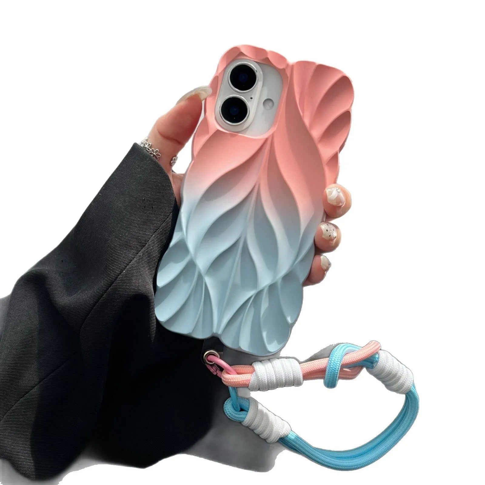 Ins style leaf pattern gradient TPU phone case with wristband in purple gray colour for iPhone 14 Pro Max