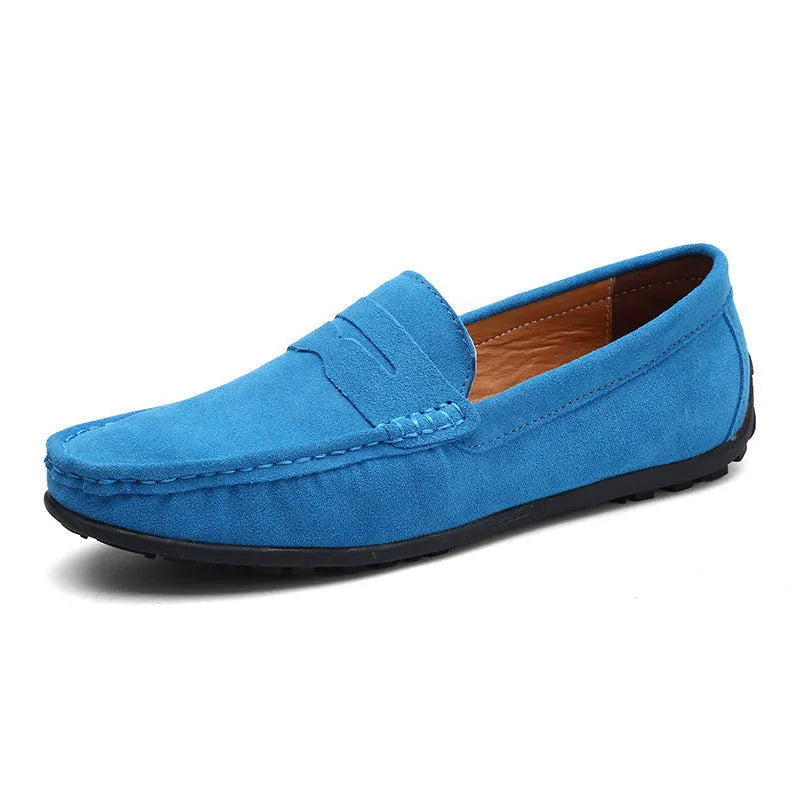 Men's plus size Gommino style casual shoes in suede leather with round toe and rubber sole.
