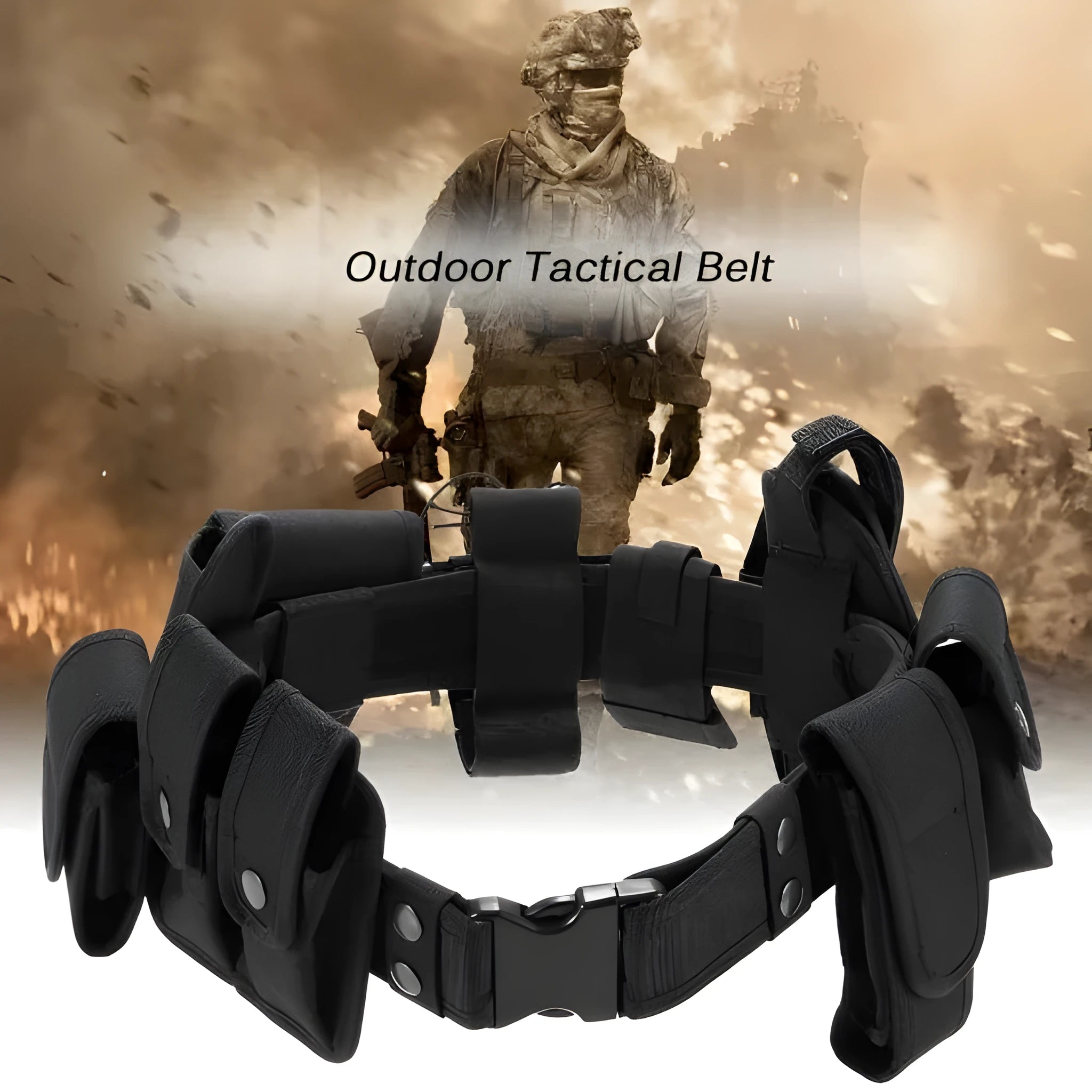 Black 600D nylon tactical duty belt with quick-release plastic buckle on plain background