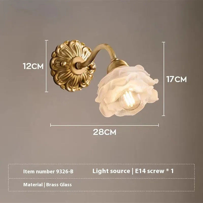 Retro copper wall lamp with frosted glass shade and warm LED light mounted on a bedroom wall
