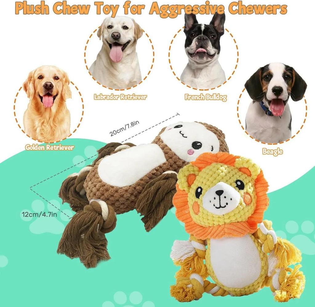 Lion and monkey plush squeaky dog toys showing size comparison