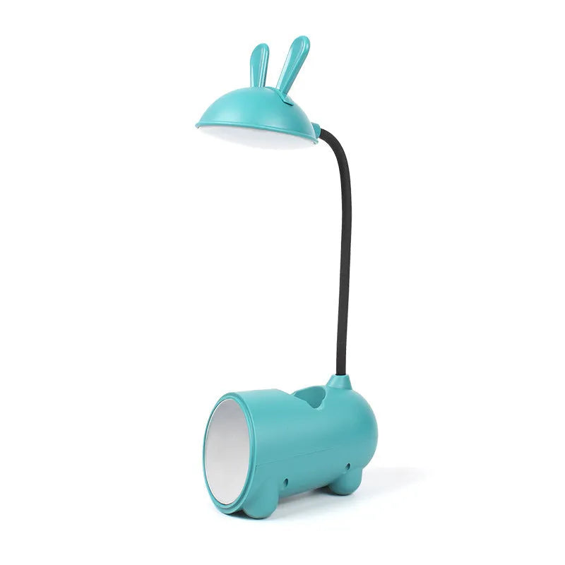 Cartoon-style USB desk lamp with integrated pen container in green colour
