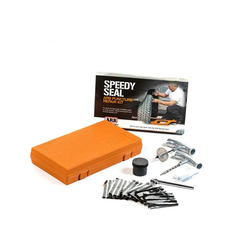 Emergency tyre repair tool kit in orange case with insertion tool, reamer, tyre gauge, and accessories.