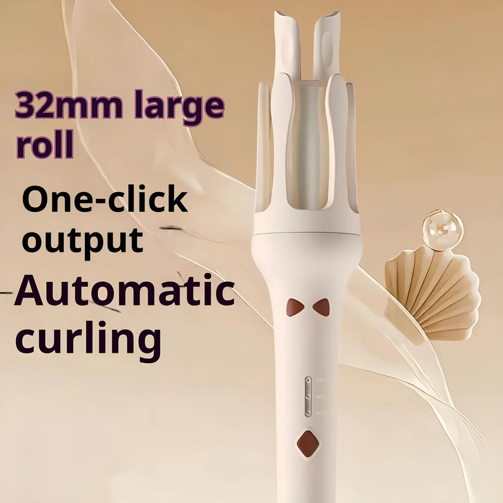 White and pink automatic hair curler with 32mm ceramic barrel and international power plugs on a table.