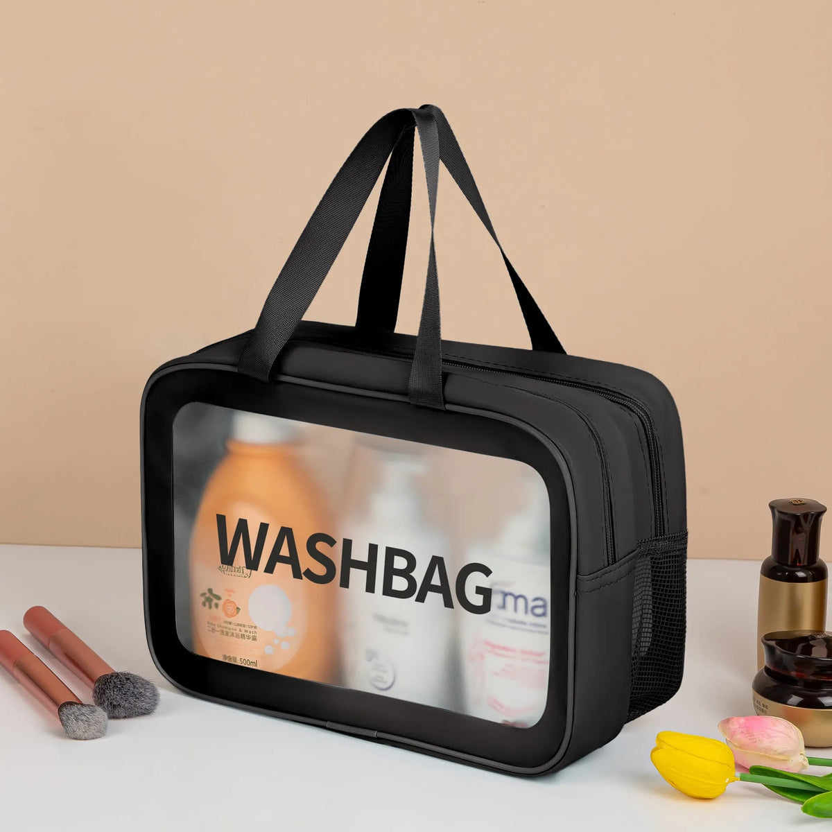 Set of three transparent PVC wash bags in large, medium and small sizes for cosmetics and hygiene storage